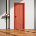 Red Hinged Door With Decorative Patterns And Golden Handle In White Wall Room