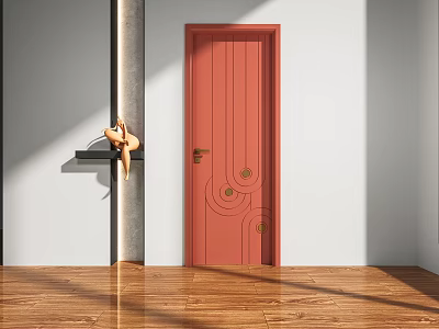 Red Hinged Door With Decorative Patterns And Golden Handle In White Wall Room 3d model