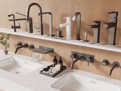 Sleek Modern Bathroom Faucets With Multiple Styles Displayed On Shelf 3d model