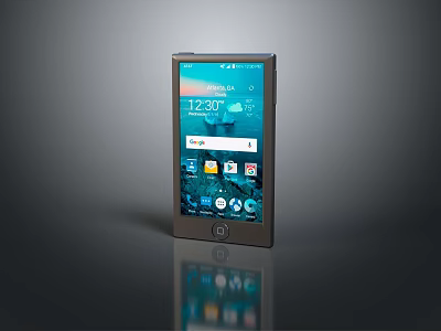 Smartphone With Modern Design Displaying Time Weather And App Icons On Screen 3d model