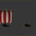 Ancient Water Transport Vessels With Red White Striped Sails And Colorful Circular Patterns