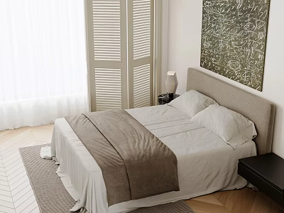 Double Bed With White Linen Sheets Brown Blanket Bedside Table Lamp And Wall Painting 3d model