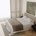 Double Bed With White Linen Sheets Brown Blanket Bedside Table Lamp And Wall Painting