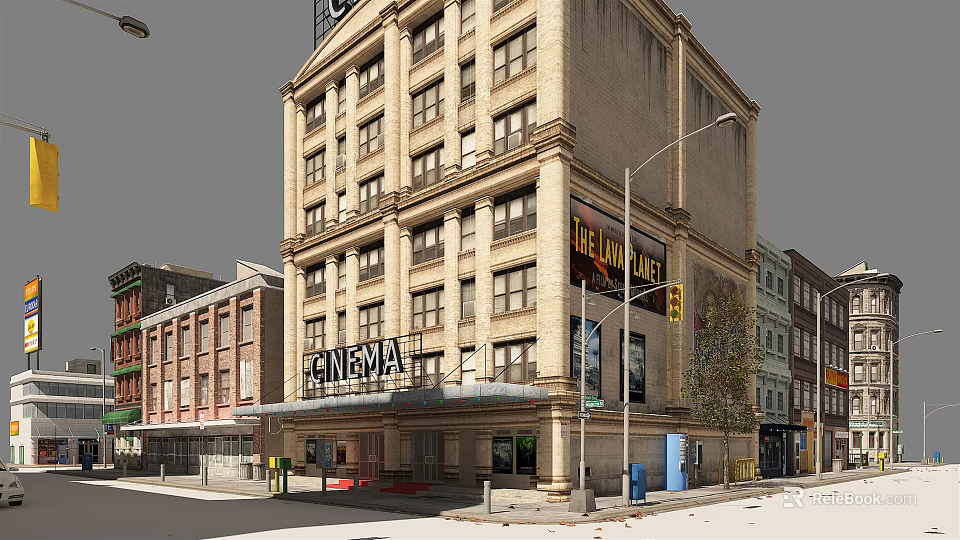 Historic Commercial Street Featuring Cinema Building Retail Shops and Urban Charm 3d model 