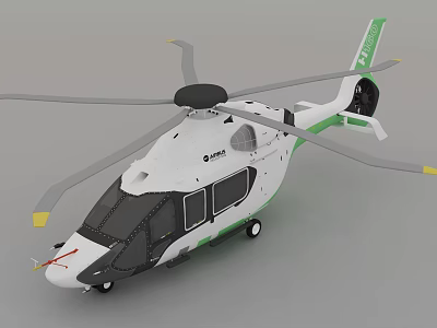White and Green Helicopter Exterior Design With Rotors Windows and Landing Gear 3d model