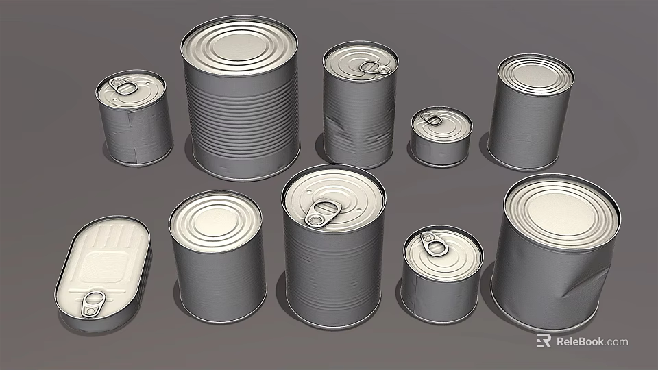 Different Sizes And Shapes Metal Cans With Sealed Lids On Gray Background 3d model 