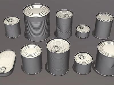 Different Sizes And Shapes Metal Cans With Sealed Lids On Gray Background 3d model