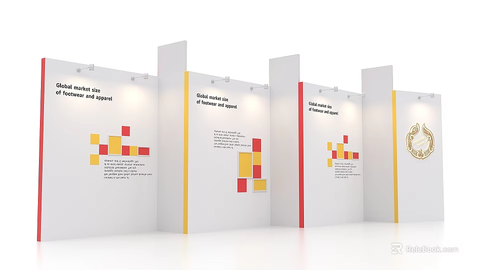 Modern Event Display Walls With Yellow Red Geometric Patterns And White Panels 3d model 
