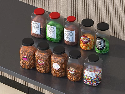Transparent Glass Jars With Colored Lids Holding Various Food Items On Shelf 3d model