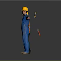 Construction Workers Wearing Yellow Hard Hats Safety Vest And Blue Overalls With Tools