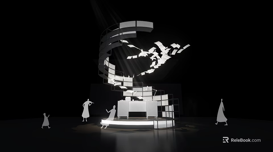 Modern Commercial Equipment Display Structure Featuring White Cubes Curved Platforms And Human Figures Interactive Presentation 3d model 