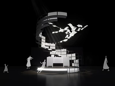 Modern Commercial Equipment Display Structure Featuring White Cubes Curved Platforms And Human Figures Interactive Presentation 3d model