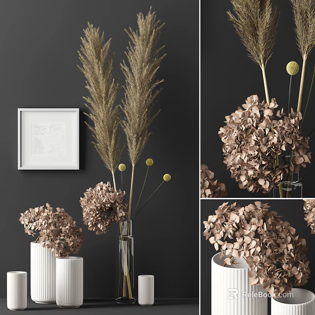 Elegant Glass Vase With Pampas Grass And Beige Hydrangea Flowers For Home Decor 3d model 