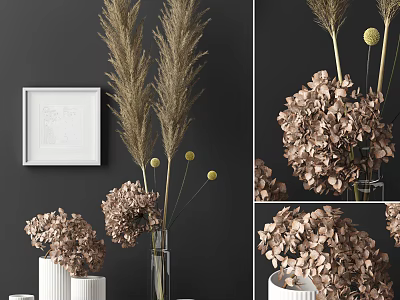Elegant Glass Vase With Pampas Grass And Beige Hydrangea Flowers For Home Decor 3d model