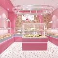 Pink Exterior Dessert Shop With Glass Windows And Modern Baking Displays