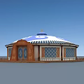 Traditional Yurt Architecture Featuring Round Blue Roof And Wooden Lattice Windows