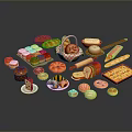 Fresh Assorted Baked Goods with Bread Pastries Donuts Pizza Bread Basket and Rolling Pin