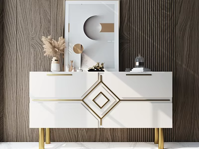 Elegant White Sideboard With Gold Accents Geometric Pattern And Wooden Wall Decorative Items 3d model