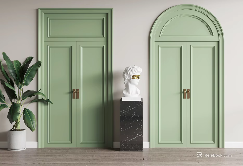 Light Green Hinged Doors With Square Arched Top Design Sculpture and Potted Plant 3d model 