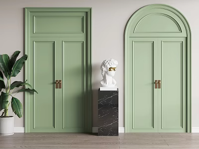 Light Green Hinged Doors With Square Arched Top Design Sculpture and Potted Plant 3d model