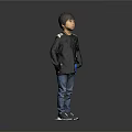 Child in Black Long Sleeved Shirt Blue Jeans Sneakers with Blue Accessory on Gray Background