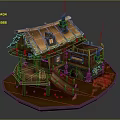 Cartoon Scene of Fairy Tale Wooden Cabin with Sloped Roof Chimney and Wooden Staircase Platform