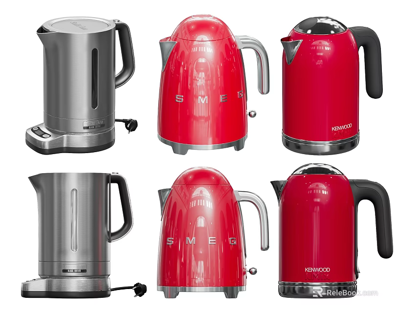 Kitchen Appliances Showcasing Silver And Red Electric Kettles With Modern Styles 3d model 