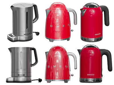 Kitchen Appliances Showcasing Silver And Red Electric Kettles With Modern Styles 3d model