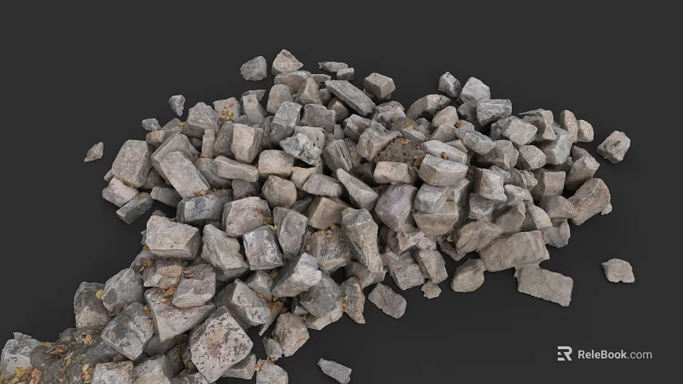 Pile of Irregular Gray Construction Stones with Rough Surfaces on Dark Background 3d model 