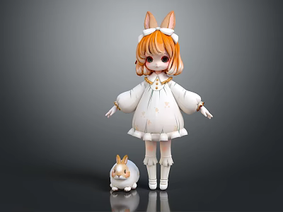 Cute Game Character With Orange Hair Rabbit Ears White Dress And Small Rabbit Doll 3d model