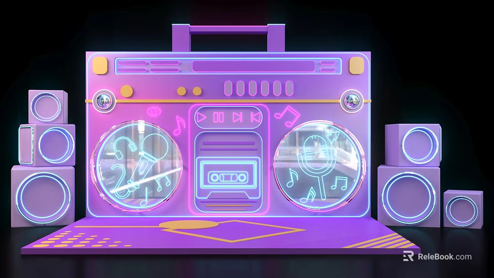 Purple Neon Retro Radio Photo Check in Spot With Lights And Speakers 3d model 