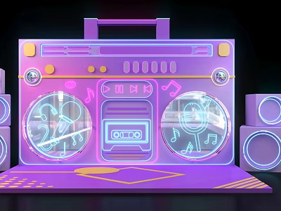 Purple Neon Retro Radio Photo Check in Spot With Lights And Speakers 3d model