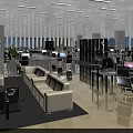 Modern Open Public Office Space With White Sofas Desks Computers Green Plants And Large Windows 3d model