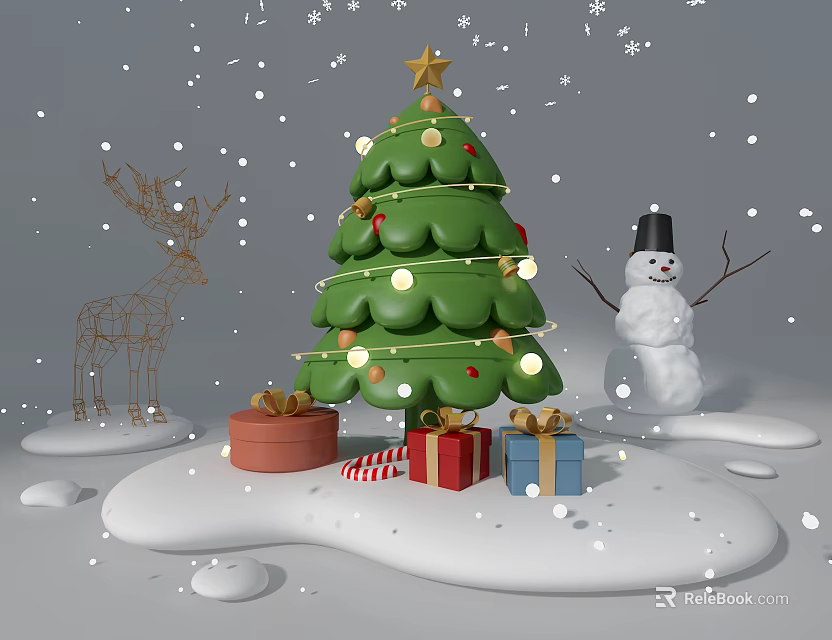 Festive Christmas Photo Spot With Green Tree Reindeer Snowman And Gift Boxes In Snowy Scene 3d model 