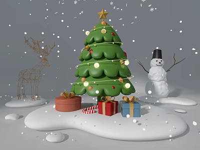 Festive Christmas Photo Spot With Green Tree Reindeer Snowman And Gift Boxes In Snowy Scene 3d model