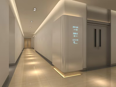 Modern Hotel Corridor Interior With Warm Lighting Smooth Floors Elevator Doors And Directional Signage 3d model