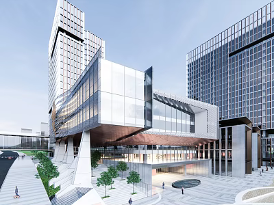 Modern Office Building Featuring Glass Curtain Walls And Open Plaza With Green Plants 3d model