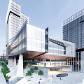 Modern Office Building Featuring Glass Curtain Walls And Open Plaza With Green Plants