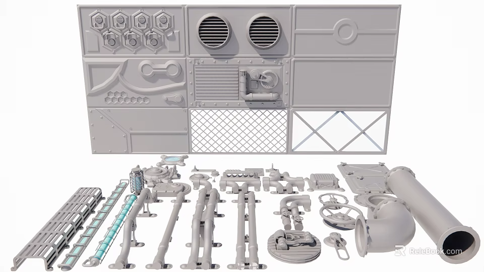 Industrial Equipment Components Including Pipes Valves Metal Parts And Ventilation Grille 3d model 