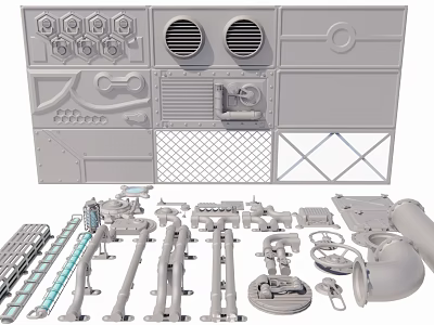 Industrial Equipment Components Including Pipes Valves Metal Parts And Ventilation Grille 3d model
