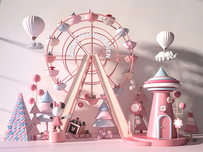 Fairy Tale Themed Decorations With Pink Ferris Wheel Hot Air Balloons And Small House 3d model