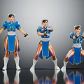 Three Female Characters In Blue And Gold Outfits With Different Fighting Poses