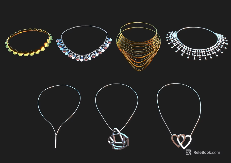 Stylish Fashionable Necklaces With Gemstone Decorations Layered Designs And Heart Shaped Pendants 3d model 