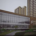 Modern Residential Building with Glass Curtain Wall Front Garden Lawn Sculptures and Pathway