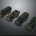 Military Trucks in Green and Brown with Canvas Covers Displayed from Various Angles