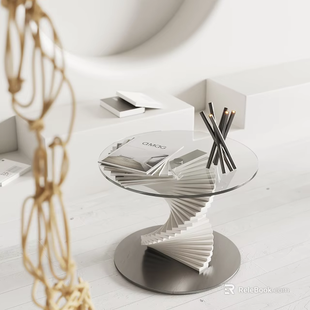 Modern Side Table With Glass Top Spiral Base And Pencils Magazines 3d model 