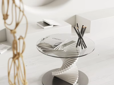 Modern Side Table With Glass Top Spiral Base And Pencils Magazines 3d model
