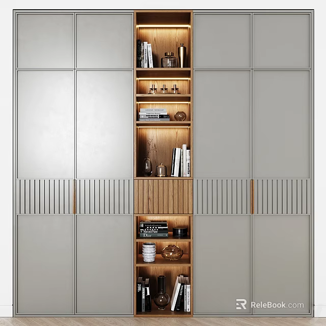 Modern Storage Cabinet With Grey Doors Wooden Open Shelves Books And Decorations 3d model 