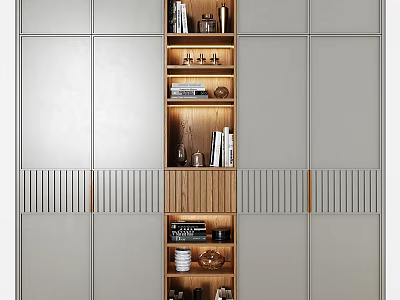 Modern Storage Cabinet With Grey Doors Wooden Open Shelves Books And Decorations 3d model