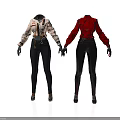 Women's Fashion Outfits With Beige Red Tops Black Pants Suspenders And Gloves